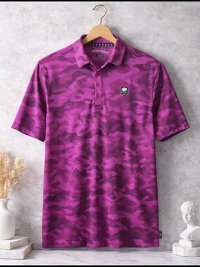 Tattoo Golf Purple Camo Skull Polo Shirt Mens L Stretch Performance Rare